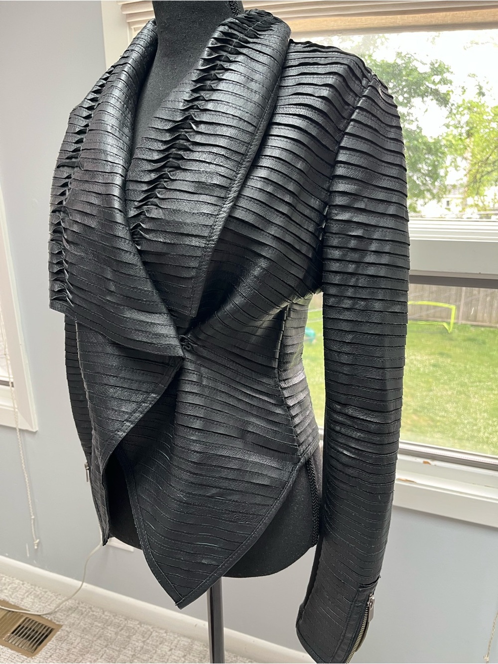 Scoop NYC Black Textured Draped Leather Jacket